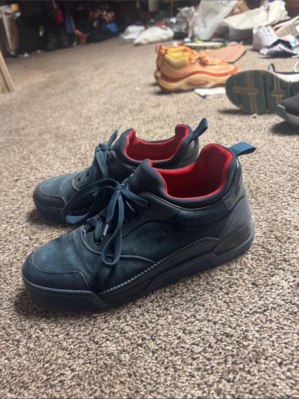 Men's Louboutins Navy Suede Low-Top Sneakers with Red Lining